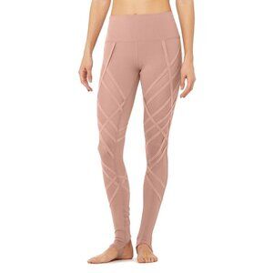 Alo Yoga High Waist Wrapped Leggings Sz L Stirrup Bandage Mesh Pink Blush Gym
